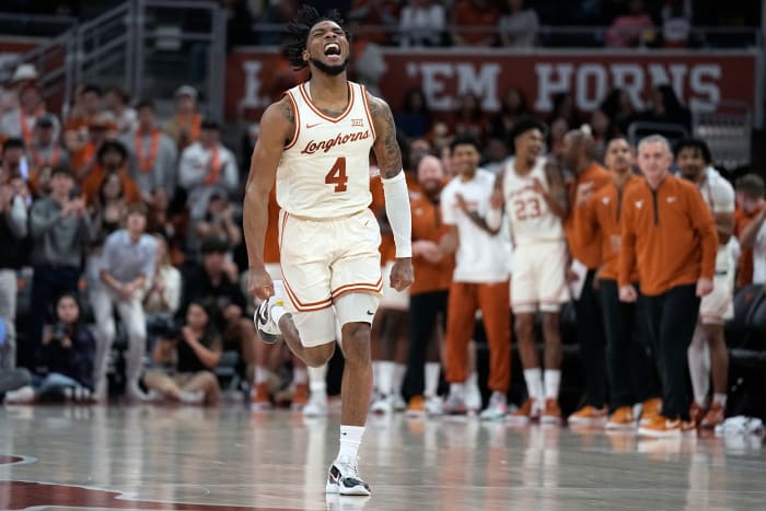 Texas Longhorns guard Tyrese Hunter (4) reacts after scoring during the second half against the Oklahoma Sooners at Moody Center.